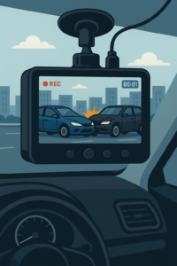 A digital illustration depicts a dashboard camera recording a collision between a blue car and a gray car, shown on the dashcam’s screen. The view is from inside a vehicle, with the city skyline blurred in the background and the REC icon active