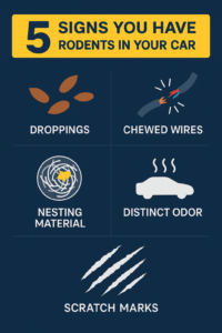 Infographic showing 5 signs of rodent infestation in your car: droppings, chewed wires, nesting material, distinct odor, and scratch marks