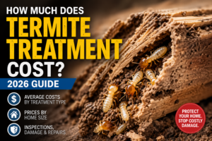 Termites damaging wood with text showing average termite treatment cost guide for 2026