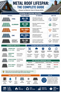 Infographic showing metal roof lifespan by material, roof style, climate factors, and cost comparison
