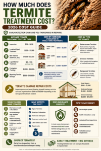 Infographic showing average termite treatment costs by type, home size, termite type, and repair costs in 2026
