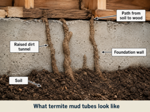 Diagram showing termite mud tubes as raised dirt tunnels running from soil up a foundation wall toward wood framing