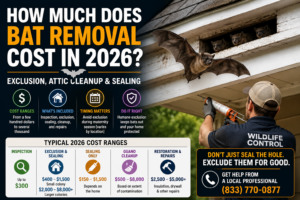 Wildlife-control professional sealing a bat entry point in a roof eave, with 2026 cost ranges for bat exclusion, sealing, guano cleanup, inspection, and attic repairs.