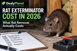 Rat in an attic beside a pest-control checklist illustrating the cost of professional rat extermination, exclusion, cleanup and repairs.