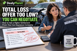 Driver negotiating a low total-loss settlement with a car insurance adjuster beside a damaged vehicle and valuation paperwork.