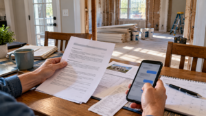 Homeowner reviewing a contractor agreement, receipts and messages while documenting a stalled home renovation project.