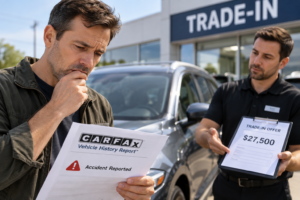 Driver reviewing an accident history report after a repaired car receives a lower trade-in offer, illustrating a diminished value insurance claim